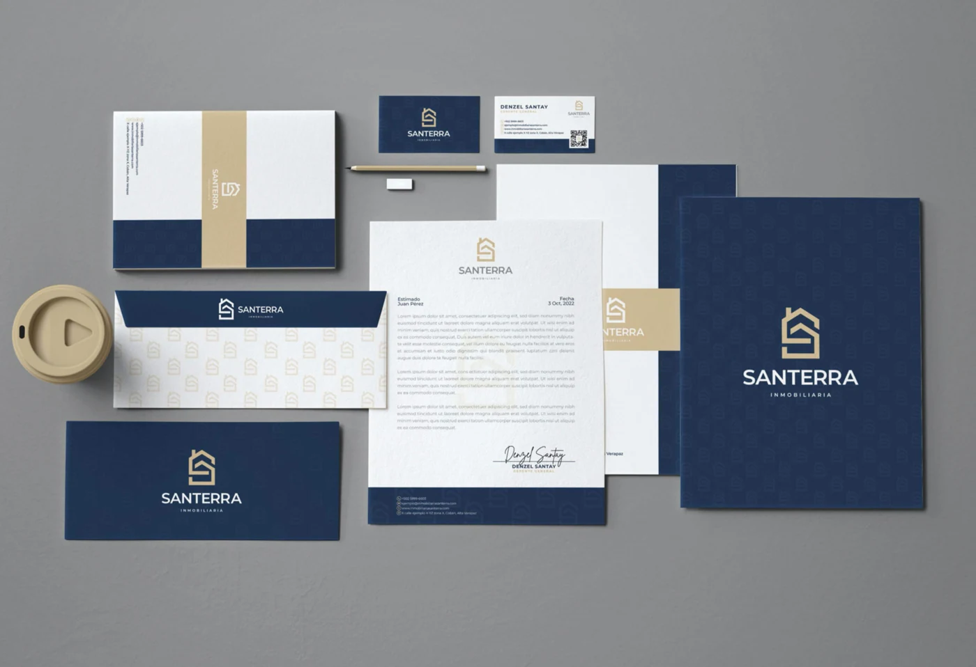 Papelería corporativa de Santerra en azul marino, blanco y dorado